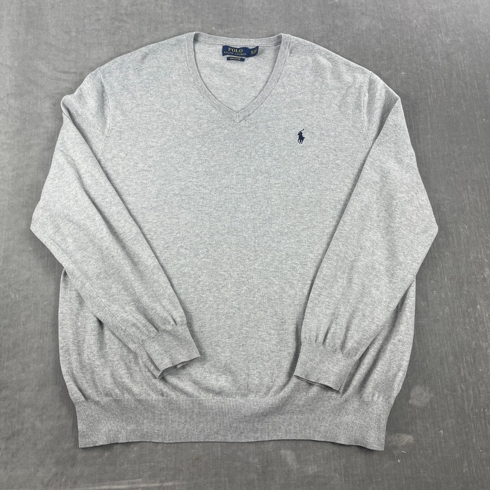 Polo Ralph Lauren Mens XL‎ Gray V-Neck Sweater Pima Cotton Pony Logo